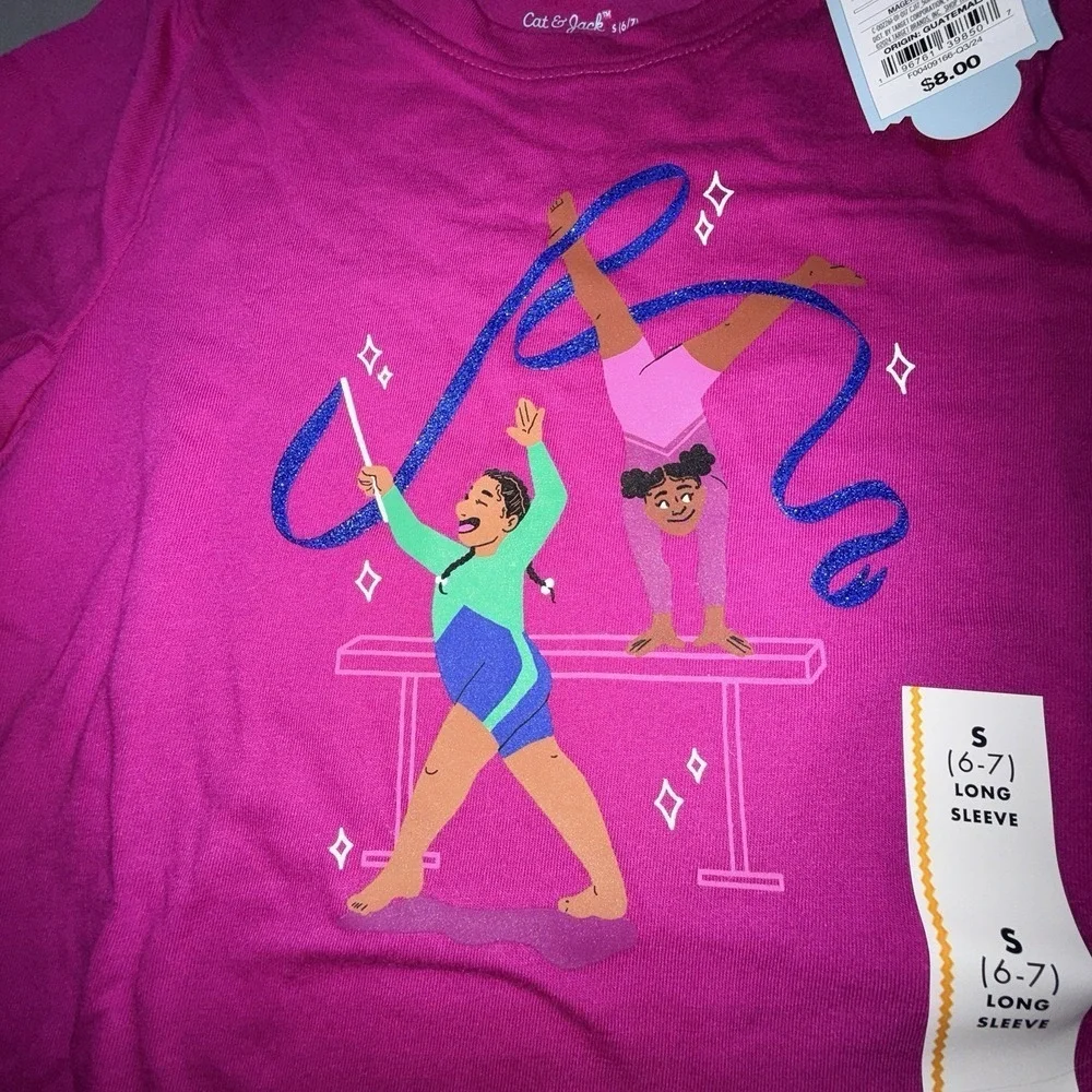 Cat & Jack Gymnastics Graphic Tee Kids S 6/7 Magenta NEW Glitter Ribbon Shirt